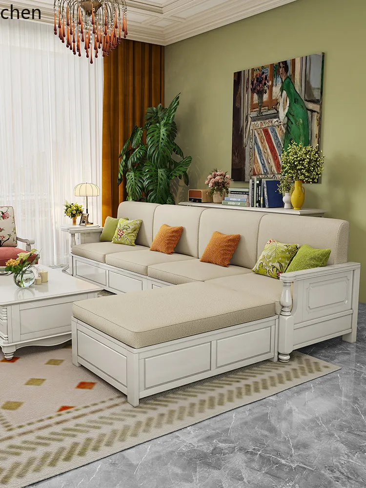 CZ American Style Solid Wood Storage Sofa Set Chaise L-Shaped White Small Apartment Winter Summer Dual-Use Sofa