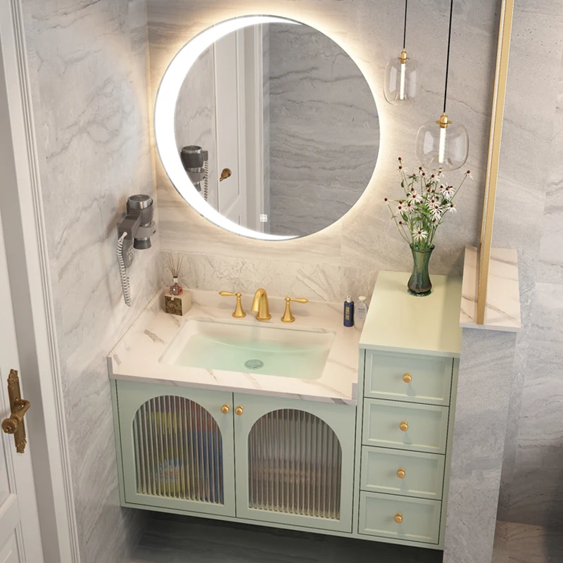 Solid wood combination of high and low bathroom cabinets, arched glass door washbasin, Nordic light luxury hand washing