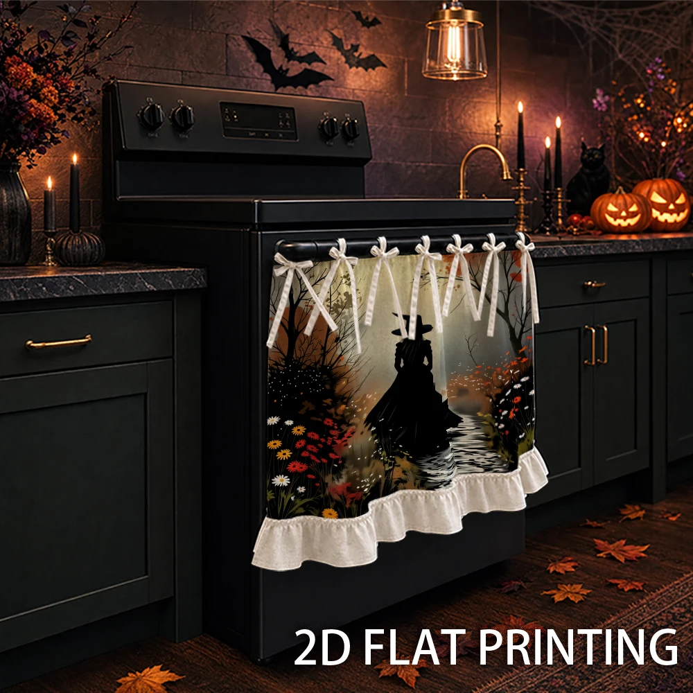1PC Kitchen Curtain-Cabinet Curtain-Apron. The silhouette of a witch appeared in the forest full of autumn flowers. Can be used