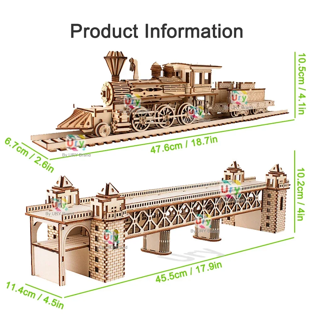 Ury 3D ปริศนาไม้ Retro รถไฟไอน้ําพร้อมรางรถไฟสะพาน Handmade ประกอบรถบรรทุกรุ่น DIY ของเล่นตกแต่งของขวัญสําหรับเด็ก