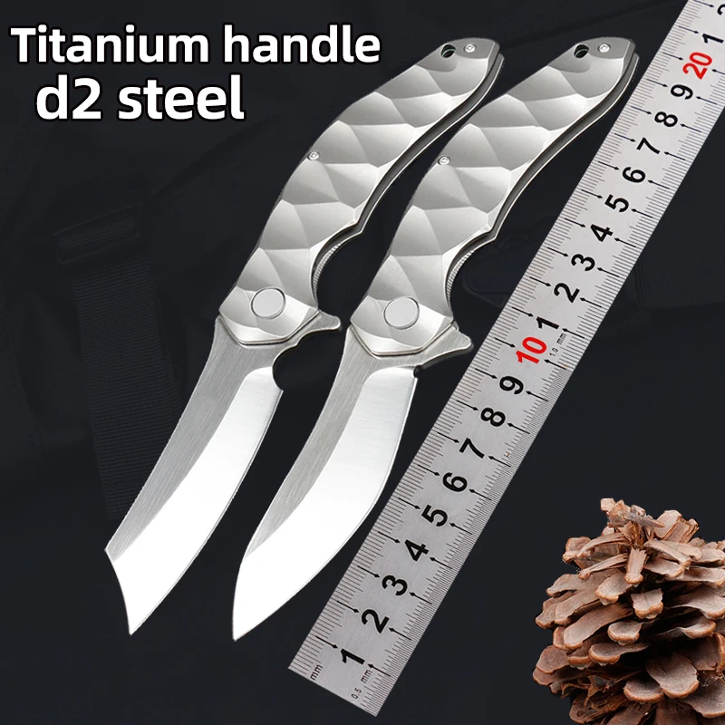 

High-Quality D2 Steel Pocket Folding Knife with Titanium Alloy Handle Outdoor Hunting, Sharp Survival, Fishing, Fruit Knife Tool