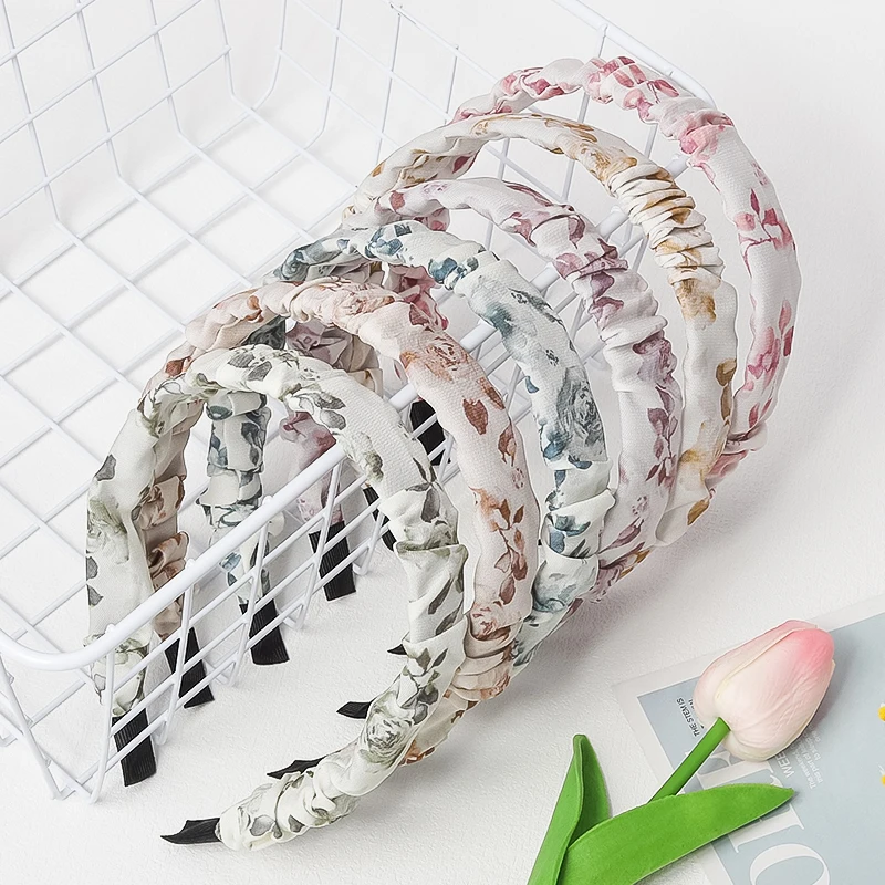 2.5cm Pleated Smudged Rose Print Headband for Women French Gentle Floral Hairband Fresh and Sweet Girly Hair Accessories