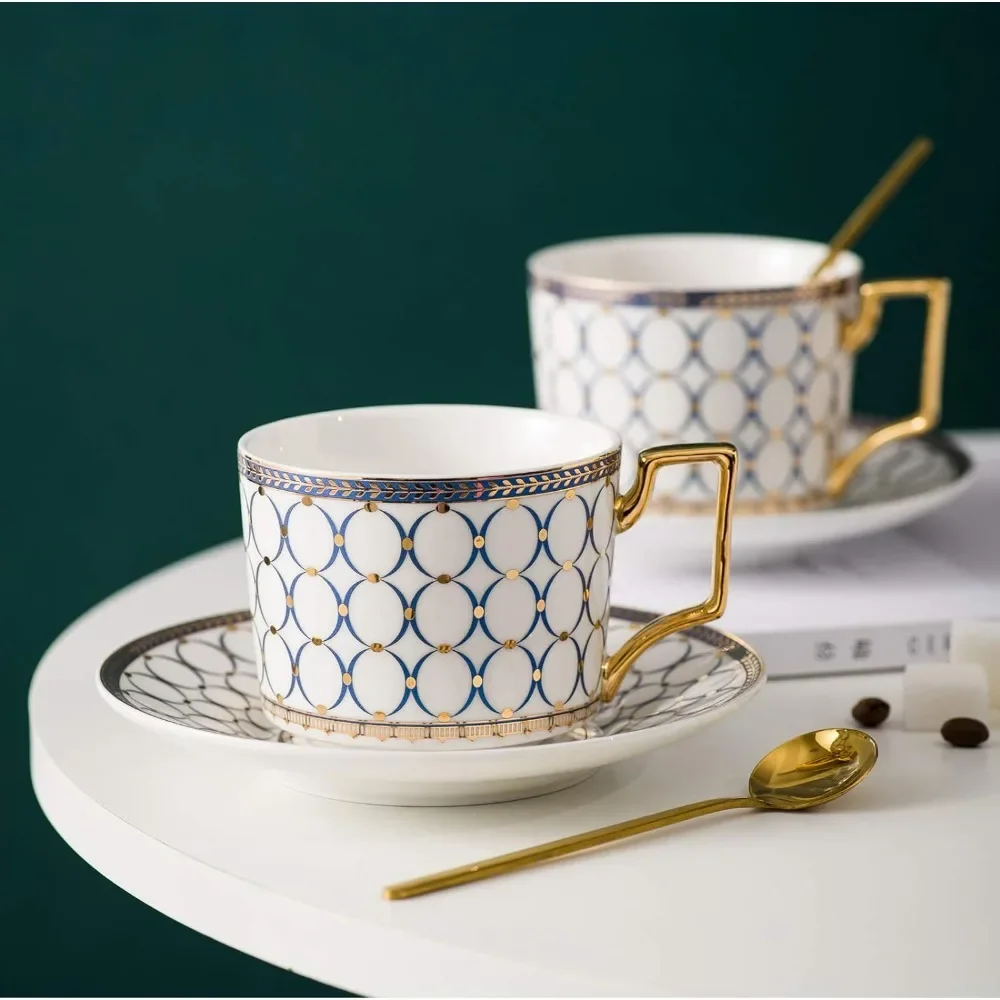 MOSHOU-European Style Cup and Saucer Set, 7 Oz (about 198.4 Grams) Bone China Exquisite Glazed Platinum Tea Cup and Saucer