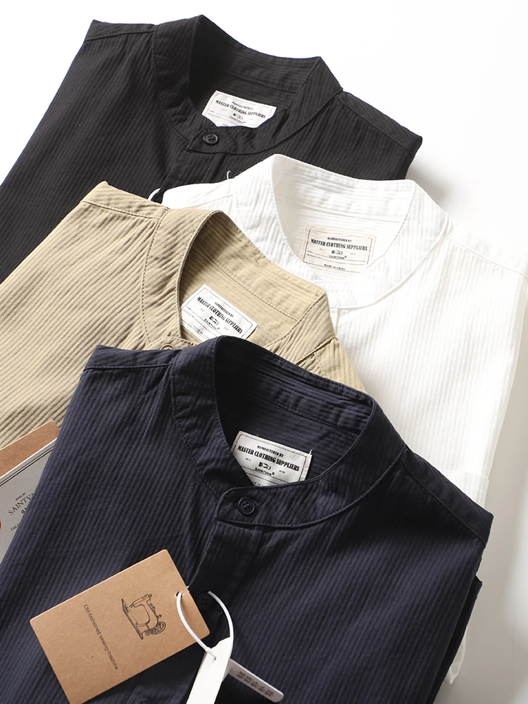 

Высококачественная мужская хлопковая рубашка с длинным рукавом, однотонная, с художественным полосатым дизайном, воротник-стойка, осенняя модная мужская одежда