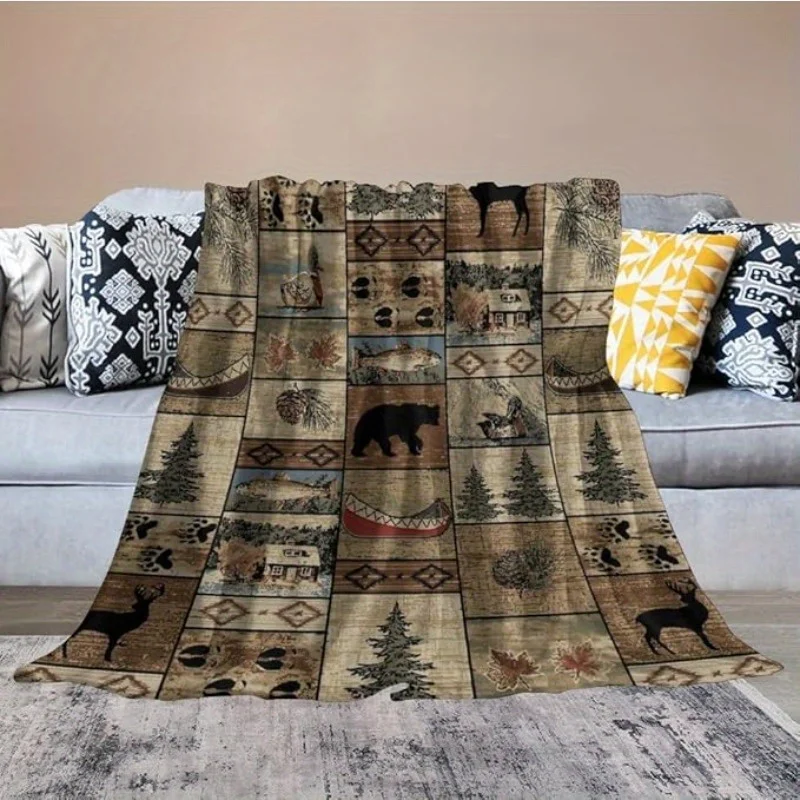 2D Flat Printing, 1pc Autumn Decor Blanket/Throw, Featuring Black Bear, Elk, Flying Birds, Fish, Pine, Tower, Cabin, Canoe, Fore