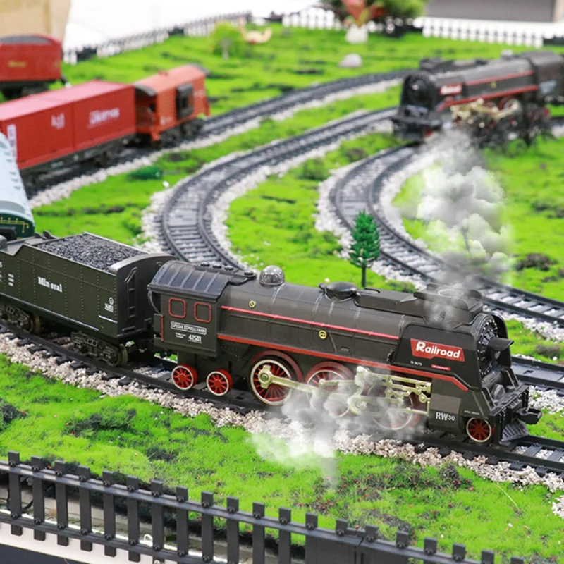 Tren de Juguete a Control Remoto, Tren de Vapor Vintage con Accesorios de Vía, Locomotora Eléctrica con Rociador de Vapor, Vagones, Juguete para Niños