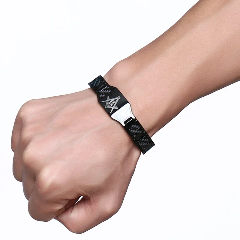 Black Magnetic Bracelet Men 316L Stainless Steel Hand Chain Masonic Health Punk ID Bracelets Carbon Fiber Dropshipping