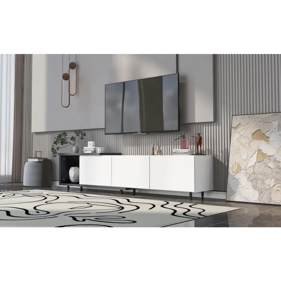 خزانة تلفزيون بحامل تلفزيون UCan 70.1 بوصة 100 بوصة حديثة وأنيقة قابلة للتمديد لتلفزيون 80+ بوصة أسود + أبيض قديم SKU: WF299723AAK تاريخ متوقع