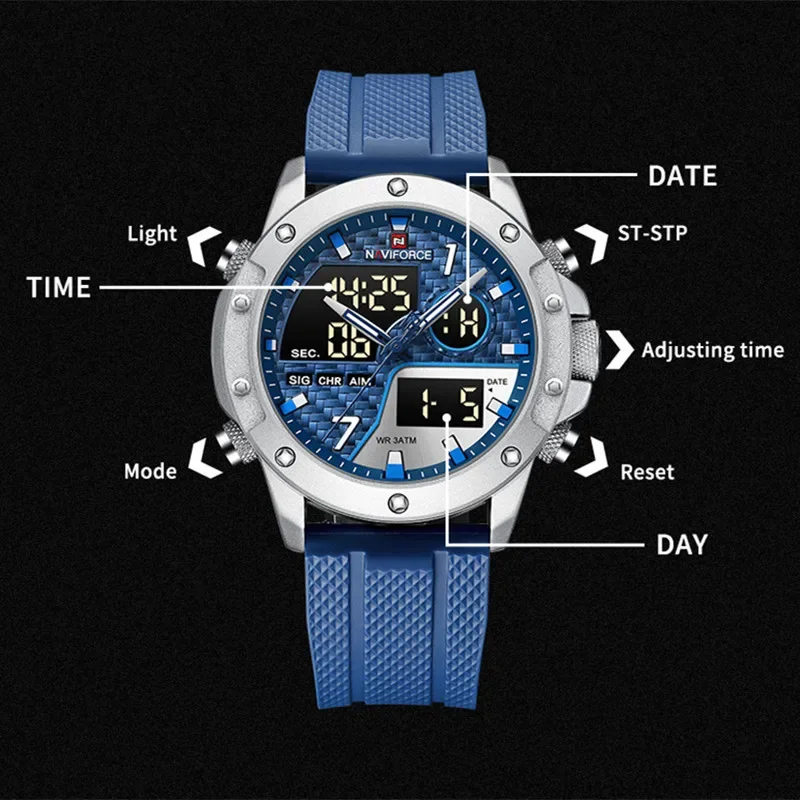 NAVIFORCE NF9221 Luxury Brand Men Sport Watch Fashion Quartz Digital Analog Clock Waterproof Date and Week Wristwatch