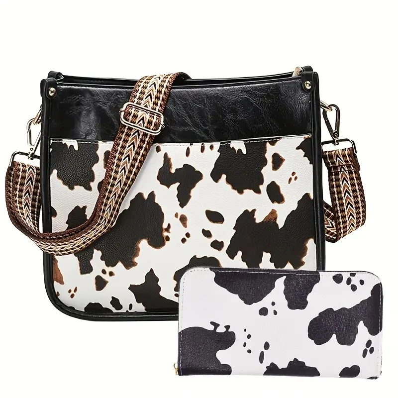 2pcs Cow Pattern Shoulder Bag, Fashion Casual Faux Leather Crossbody Bag With Vintage Strap, Women\'s Versatile Handbag & Purse