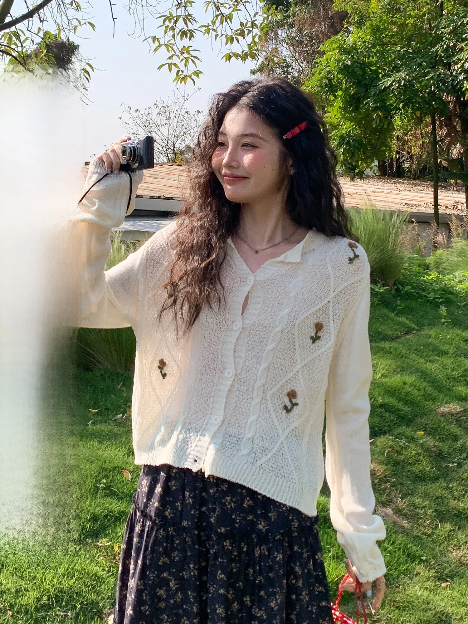 

Soft Elegant Knitted Lantern Sleeve round Neck Open Cardigan Two Pieces 9 Islands Mountain Gentle Fashion Micro Translucent