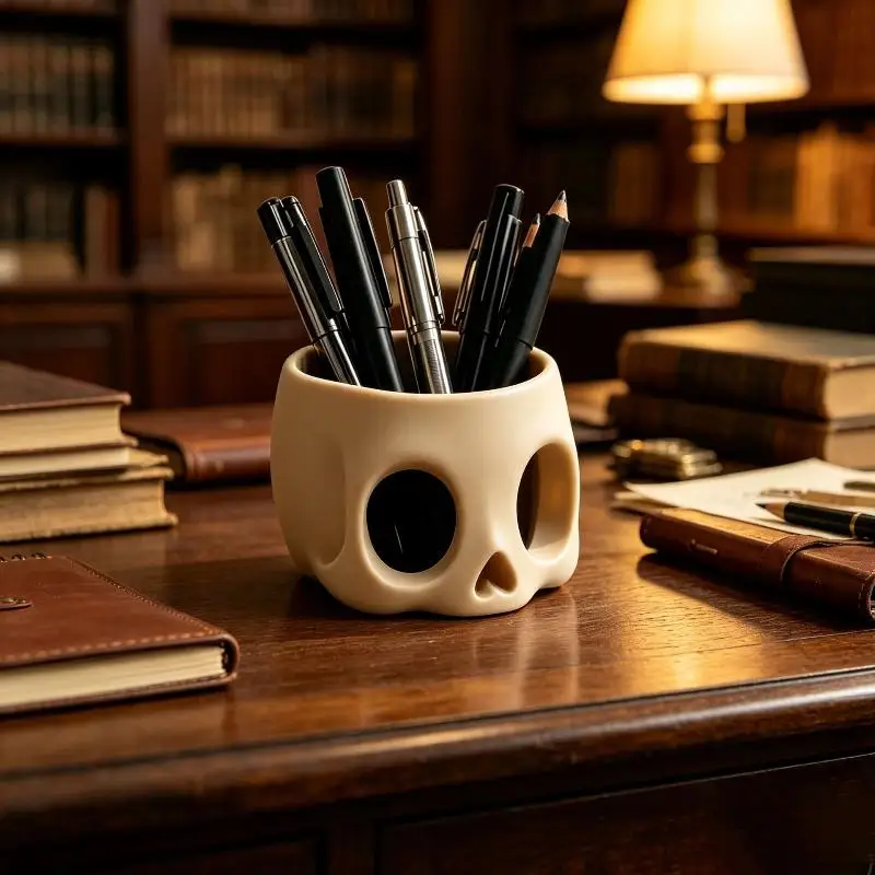 Retro Art Skull Shaped Pen Pencil Holder Home Office Desk Makeup Supplies Office Organizer Accessory Prop