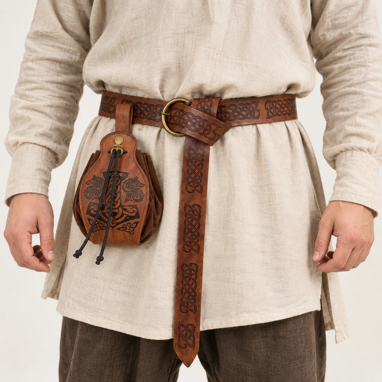 Medieval Viking Belt Faux Leather Pouch Set,Renaissance Embossing Knight Belt Drawstring Dice Bag,LARP Halloween Accessories
