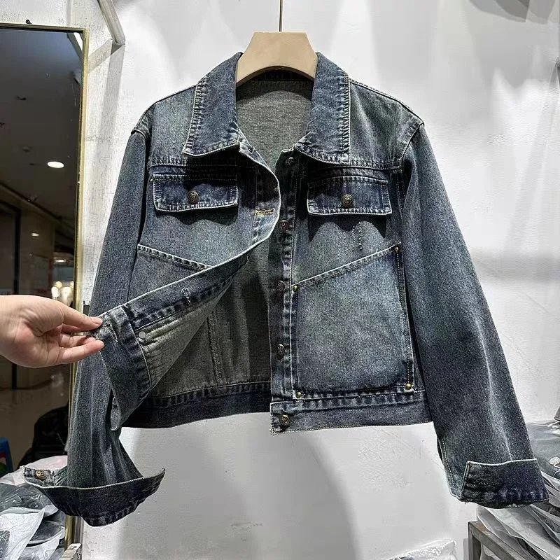 Langärmelige Street-Fashion-Kurzjacke für Damen, 2025, Herbst, neues Design, gewaschene Jeansjacke