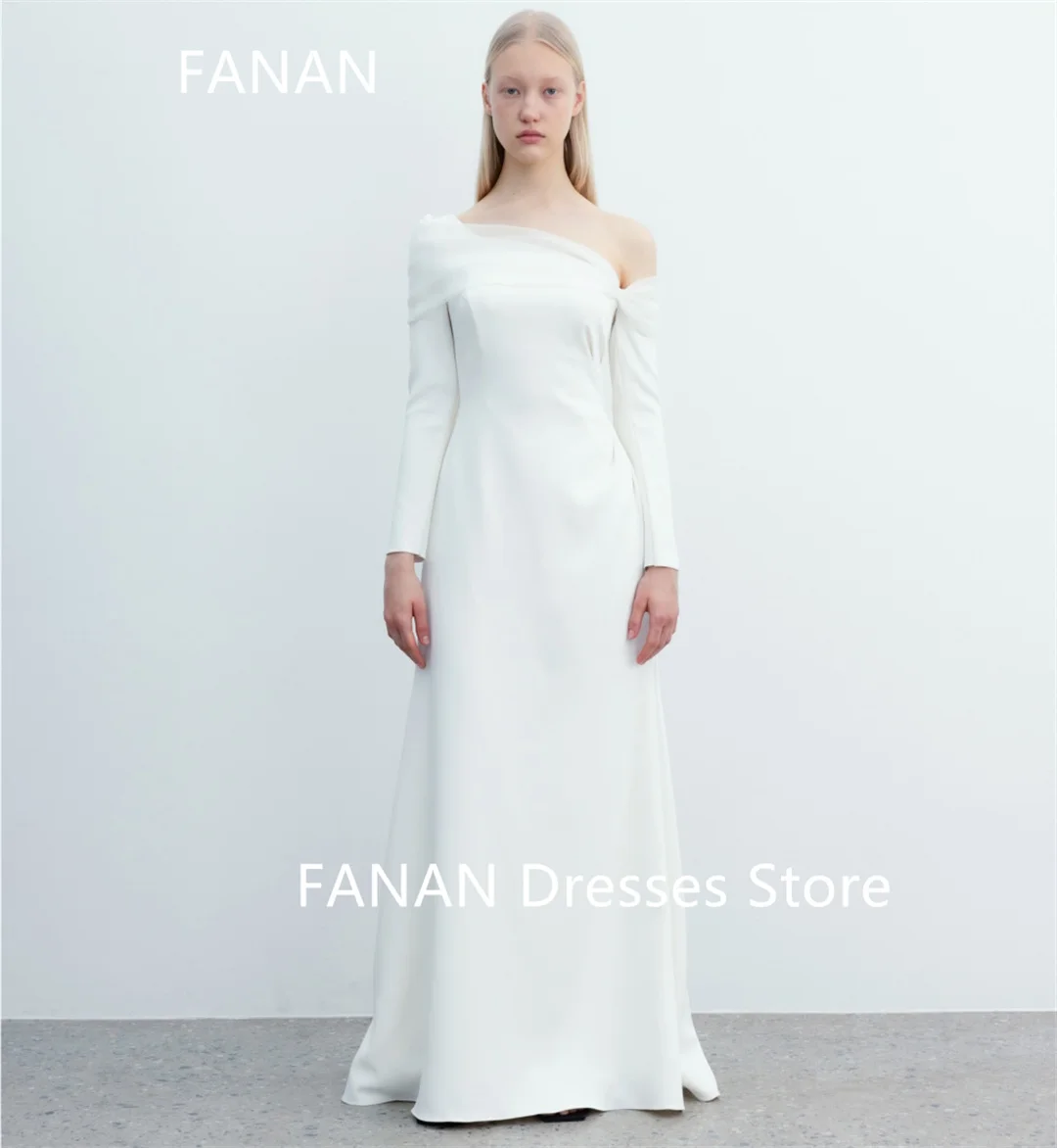 

Fanan Korea Off Shoulder Ivory Wedding Dresses 웨딩드레스 Satin Long Sleeves Custom Made Ruched Photoshoot Bride Gowns Plus Size