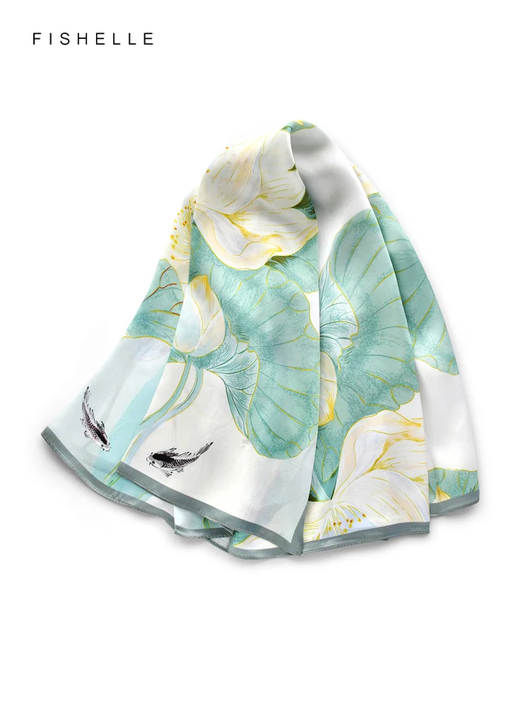 Light green fish lotus 100% natural silk scarf square head scarves luxury gift women wrap bandana hijab shawl 90cm neckerchief