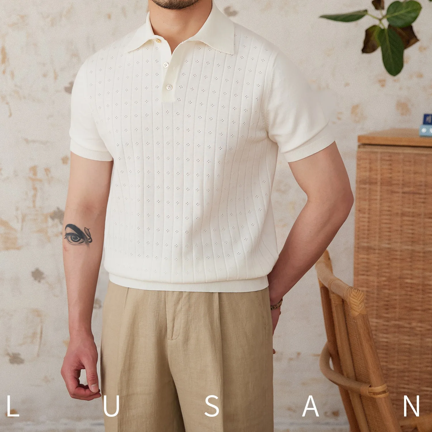 Summer Commuter Lapel Short-sleeved Polo Shirt Cotton Breathable Hollow Retro Gentry All-match Trendy Men's