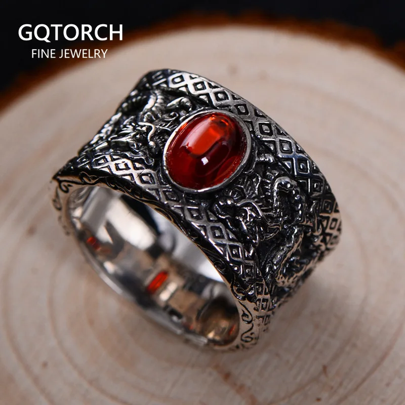 

Guananteed S925 Sterling Silver Ring Vintage Garnet Black Agate Double Dragon Play Bead Wide Ring Wholesale