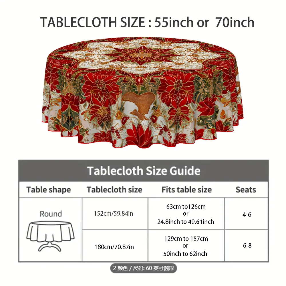 1-Piece Christmas Theme - Poinsettia and Festive Flower Printed Round Table Cloth