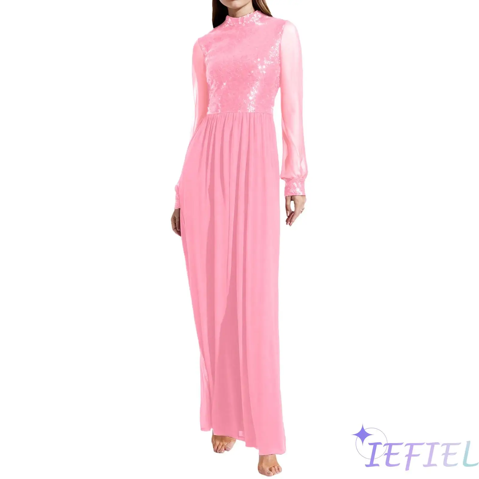 

Women Liturgical Dance Jumpsuit Mock Neck Sequin Patchwork Back Zipper Praise Worship Stage Dancewear Mesh Long Sleeve Dress