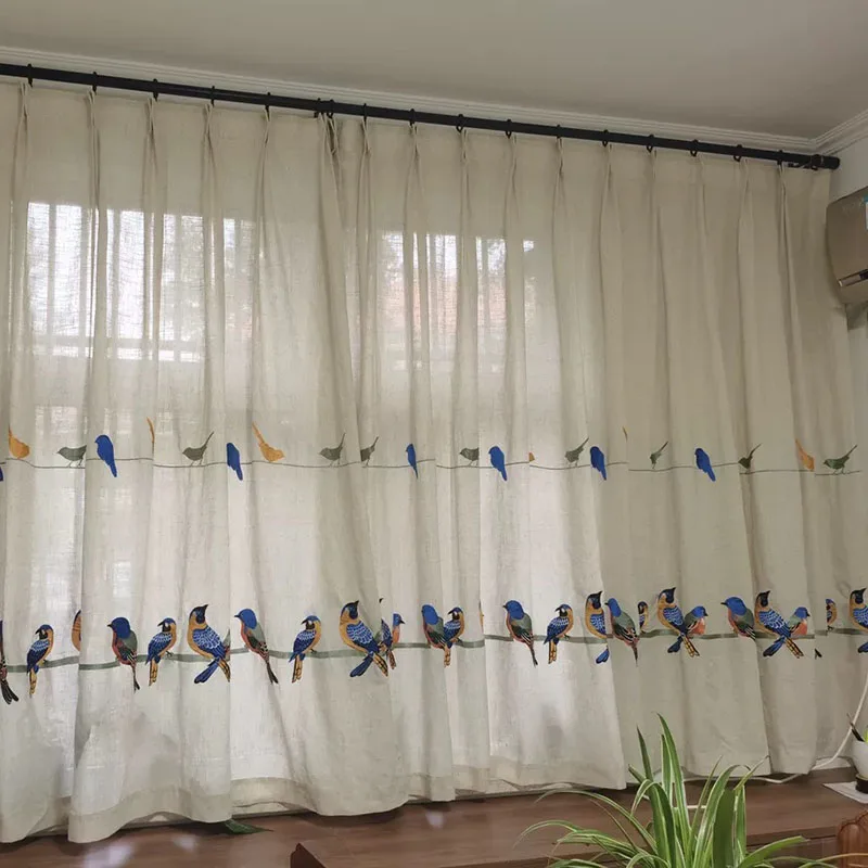 Embroidered Birds Curtains Tulle for Living Room  Linen Fabric Curtains Birds Cloth White Soild Voile Tulle WP432#HS