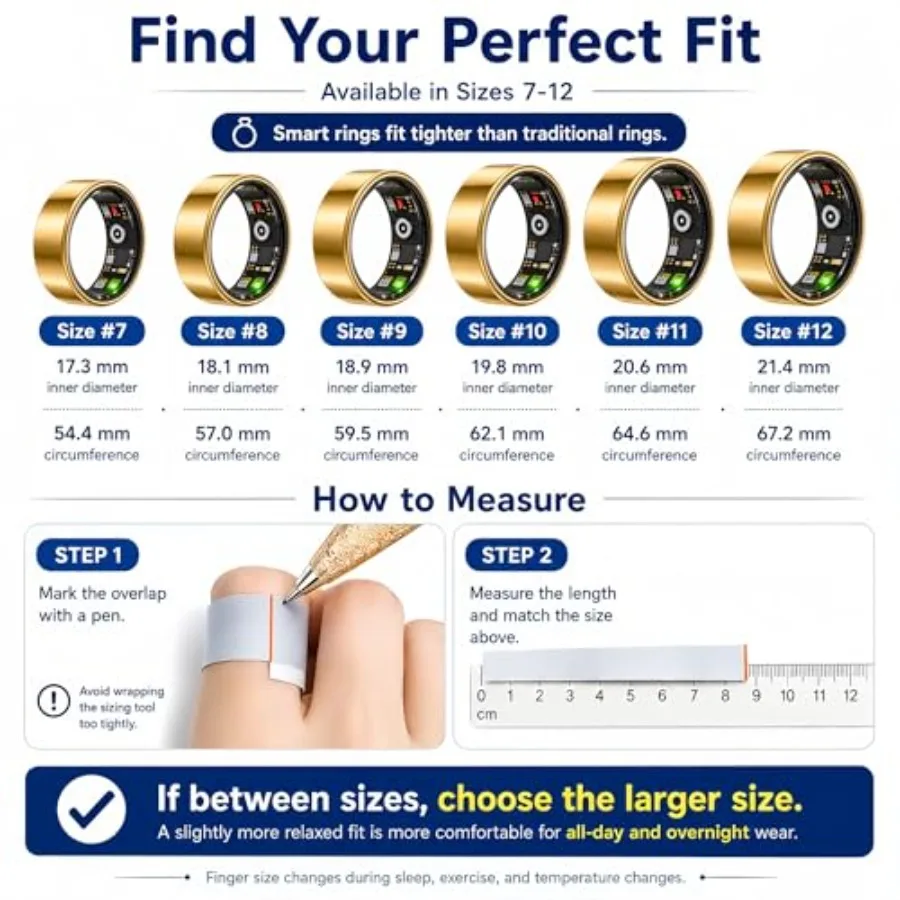 Anillo Inteligente con Monitor de Salud y Actividad Física para Hombres y Mujeres, Frecuencia Cardíaca, SPO₂, Monitoreo del Sueño y la Actividad, Resistente al Agua IP68, Larga Duración