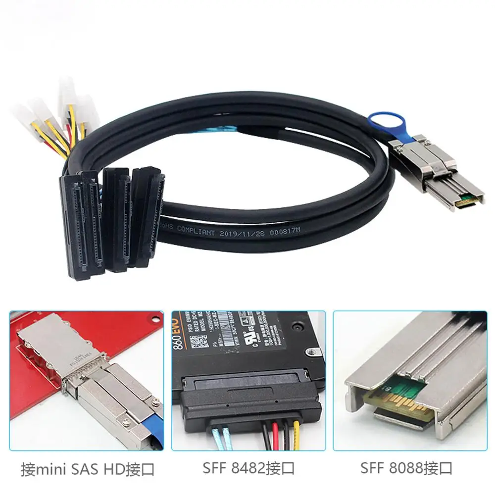 Lontion#Mini SAS HD SFF-8088 26Pin Breakout Cable to 4 SFF-8482 SAS with 4Pin Power for Server RAID Hard Drive Storage