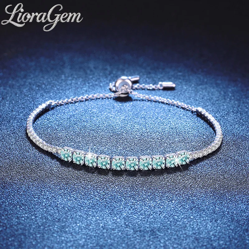 LioraGem Gradient Lake Green Moissanite Bracelet for Women, Geometric Sugar Cube Moissanite Bracelet Platinum PT950 Stamp