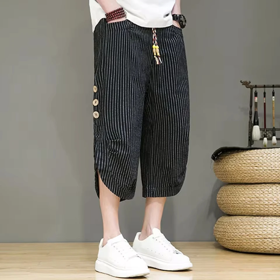 Cargo Harem Pants For Men Baggy Mens Striped Cropped Pants Casual Loose Large Size Japanese Wide Leg Pants Trendy штаны мужские