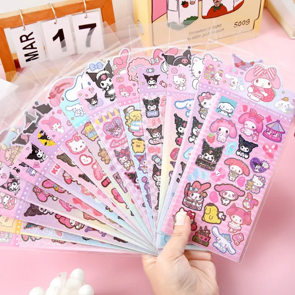 20Pcs Sanrio Hello Kitty Mix Laser Flash Sticker Cute Kuromi Cinnamoroll Melody DIY Handmade Decoration Stickers Gifts Kids Toys