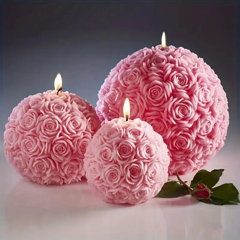 3D Rose Ball Candle Resin Silicone Mold Valentine's Day Silica Gel Mold Arrange The Table Creative Elegant Flower Candle Holder