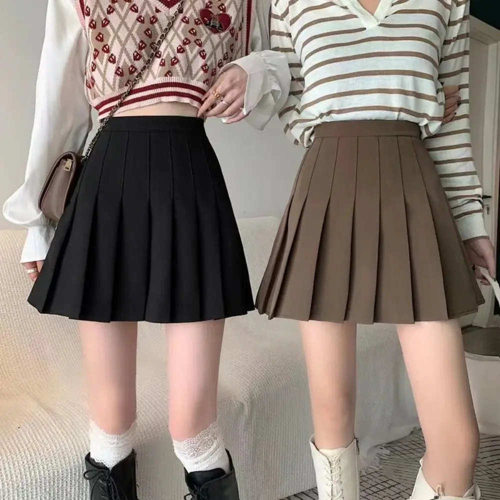 New Preppy Style Pleated Skirt Solid color Plus Size A-Line Skirt High Waist Skirt School Girl