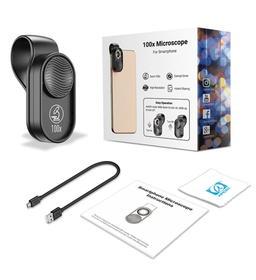 100x Smart Phone Microscope Digital Camera Lens Jewelry Detector HD Loupe with LED Light Free APP for Lab Student Education