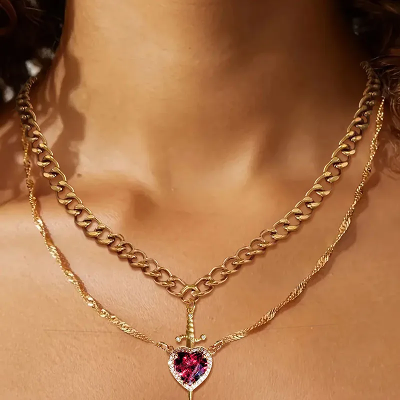 New Heart and Sword Necklace Set Gold Color Stainless Steel Crystal Couple Necklaces for Women Men Boyfriend Girlfriend Gifts