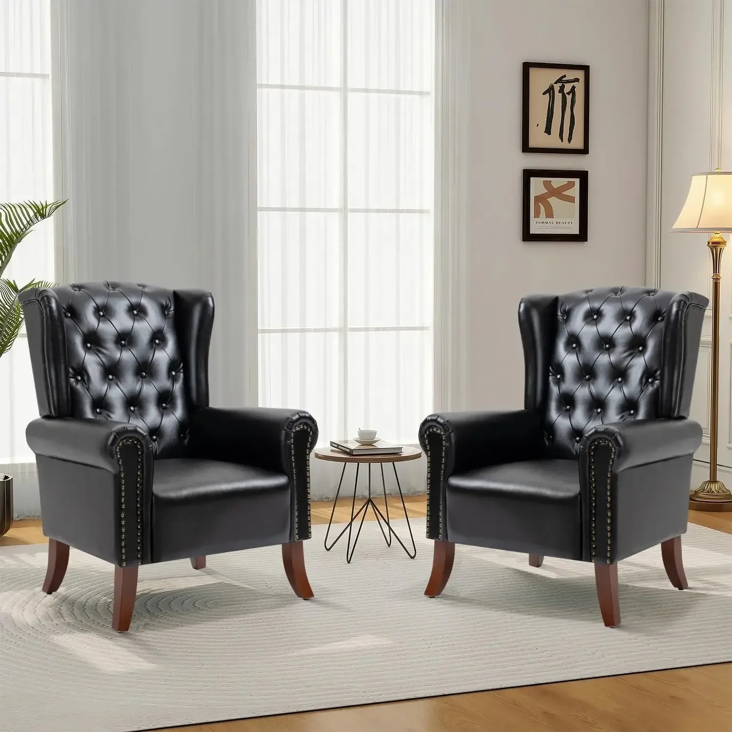 Faux Leather Accent Chairs Set of 2, Mid-Century Modern Living Room Chairs Upholstered Club Arm Chair, Single Sofa Chair