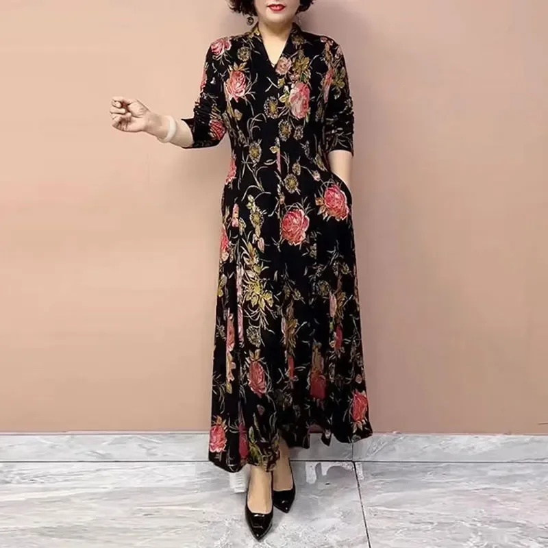 Peony Printed Dresses Women's Clothing Split Elegant V-Neck Spring Autumn Long Sleeve Casual A-Line Waist Long Dress E3502