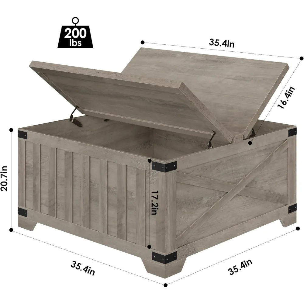 Farmhouse Coffee Table with Storage, 35.4" Square Center Table with Hinged Lift Top, Vintage Wood Cocktail Table with Thickened