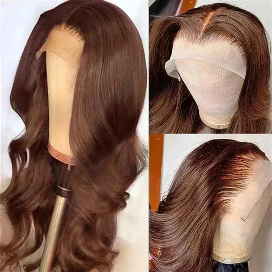 Peruca de Onda do Corpo Marrom Chocolate, HD Transparente Lace Frontal Perucas, Brasileiro Pré Arrancado, 13x4, 28 30 Polegada