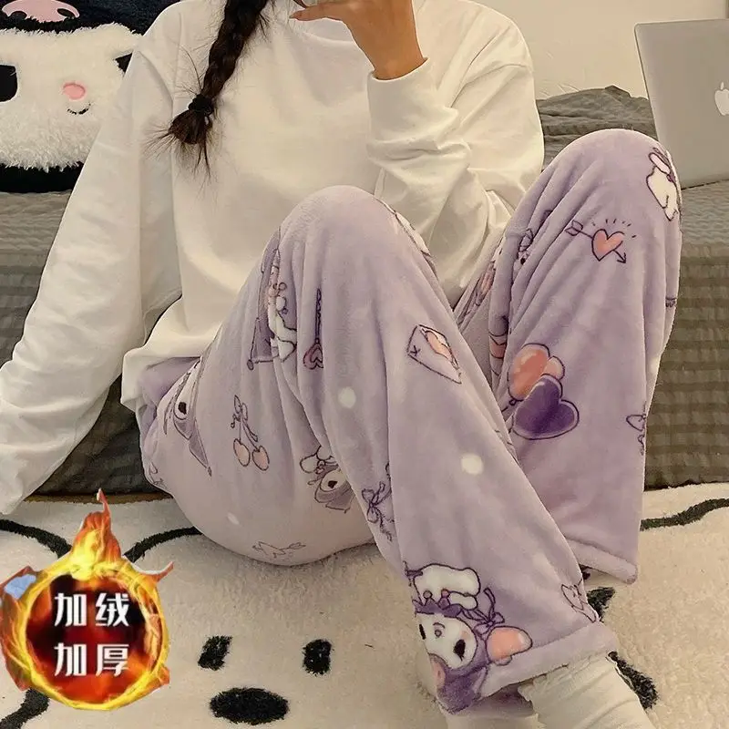 Sanrio Hello Kitty Coral Fleece Pyjamahose Herbst Winter Verdickte und mit Fleece gefütterte Oberbekleidung Flanellhose in Übergrößen