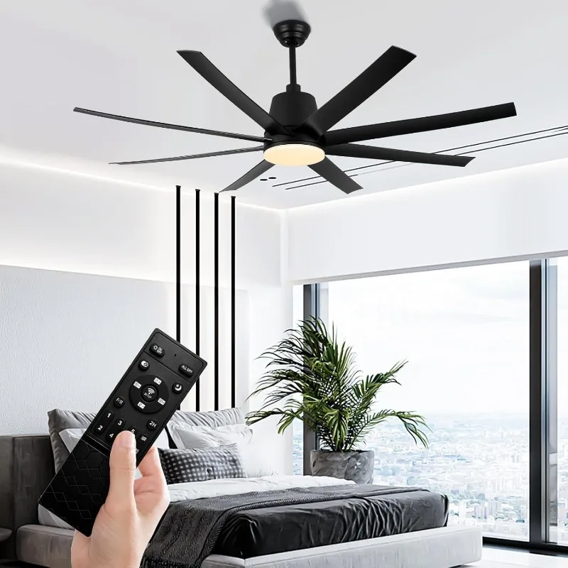 

72" Large Ceiling Fans with Lights and Remote, Black Modern LED Fandelier, 6 Speeds DC Reversible Motor, Dimmable Ceiling Fan