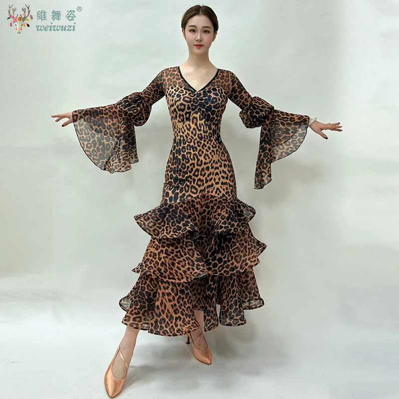 

Modern Dance Dress for Women Printed Leopard National Standard Performance Clothes Big Swing Skirts Waltz Ballroom Dress