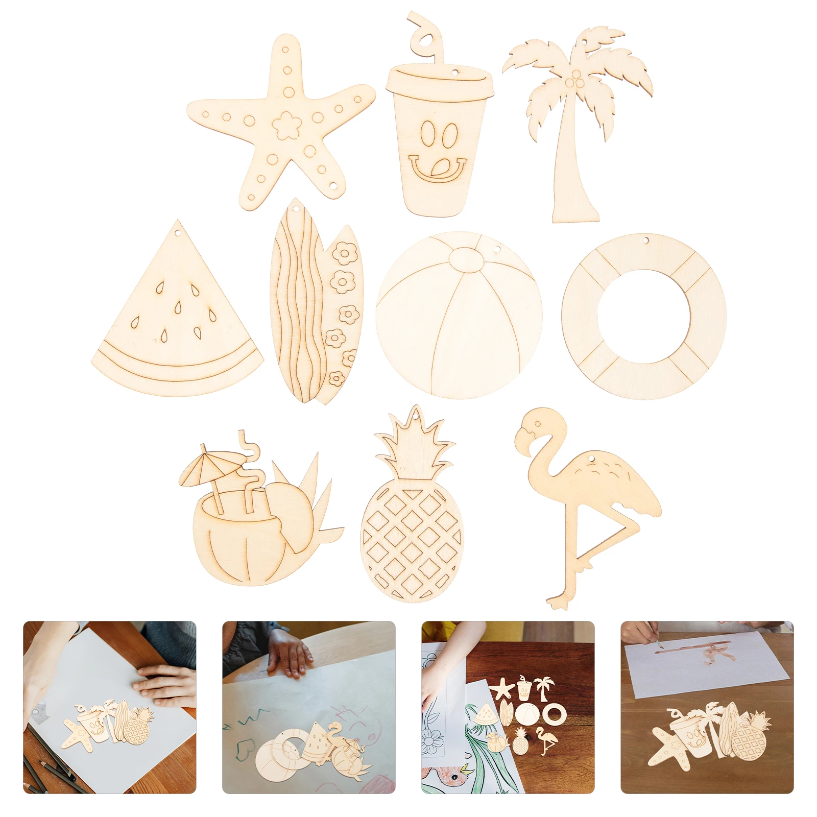 40 Uds. Accesorios de decoración de madera, materiales para manualidades DIY, recortes temáticos hawaianos sin pintar, superficie lisa, adornos tropicales para playa