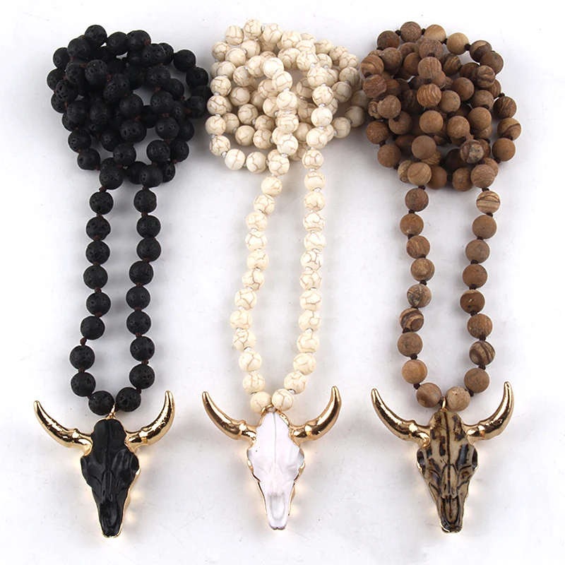 Fashion Bohemian Jewelry  Long Knotted Stone Beads 3 Color Horn Pendant Necklace For Women Ethnic Necklace