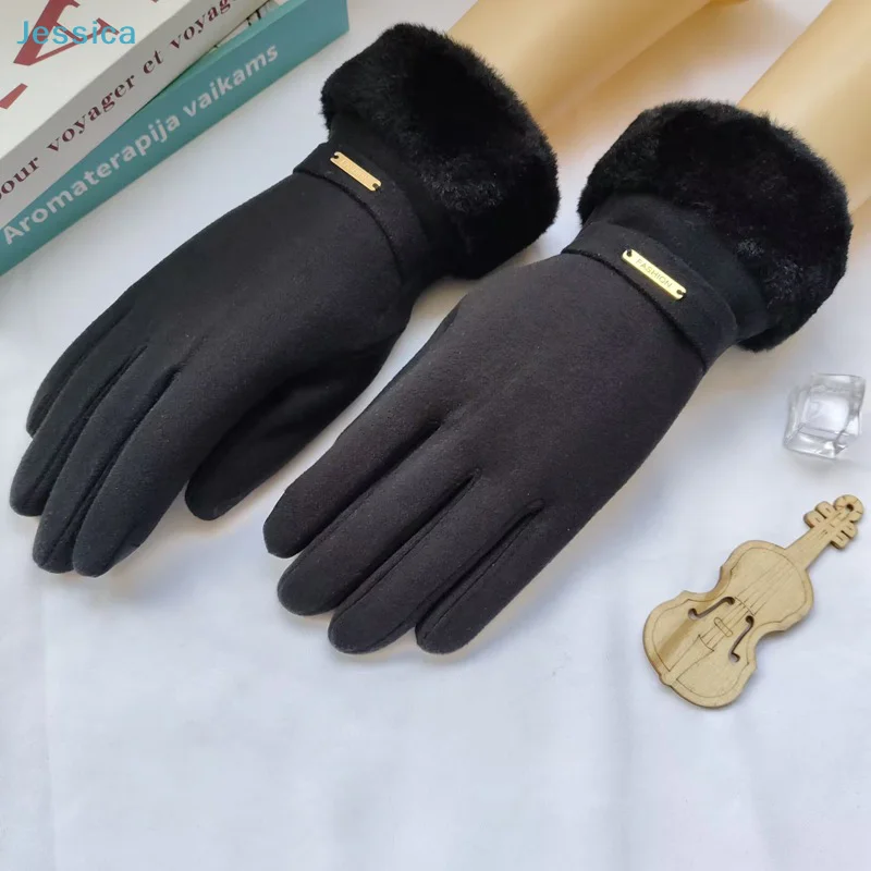 ♥Autumn Winter Warm Suede Gloves Plus Velvet Thickened Plush Decor Cuff Gloves Outdoor Coldproof Touchscreen Riding Ski Gloves