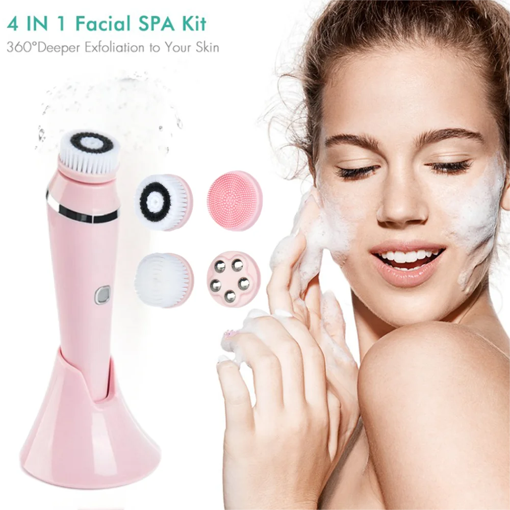 

Электрическая щетка для очищения лица 4 в 1, вращающаяся и водонепроницаемая, для глубокой очистки пор, удаления черных точек и массажа лица.