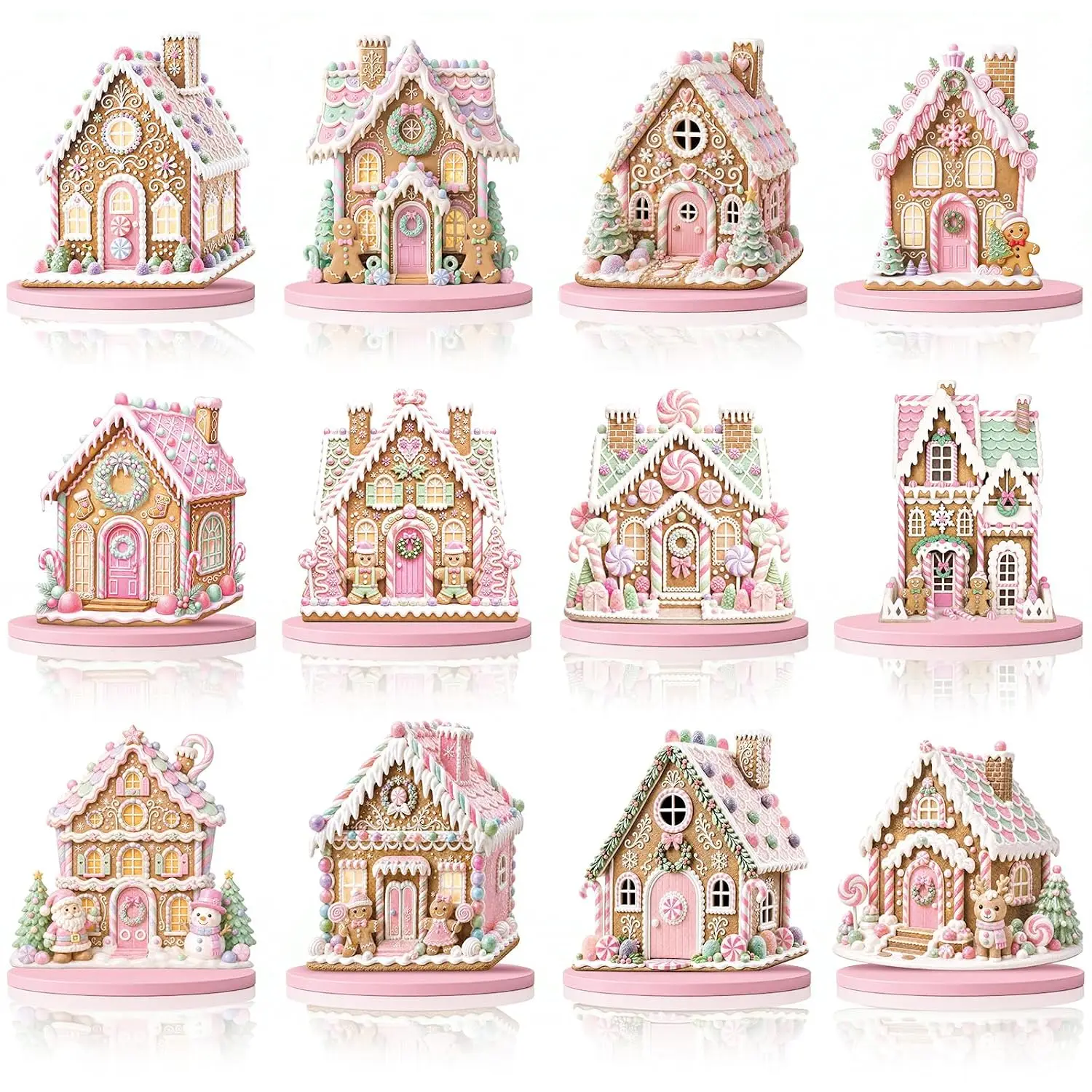 12 Pcs Pink Pastel Gingerbread House Xmas Table Centerpiece