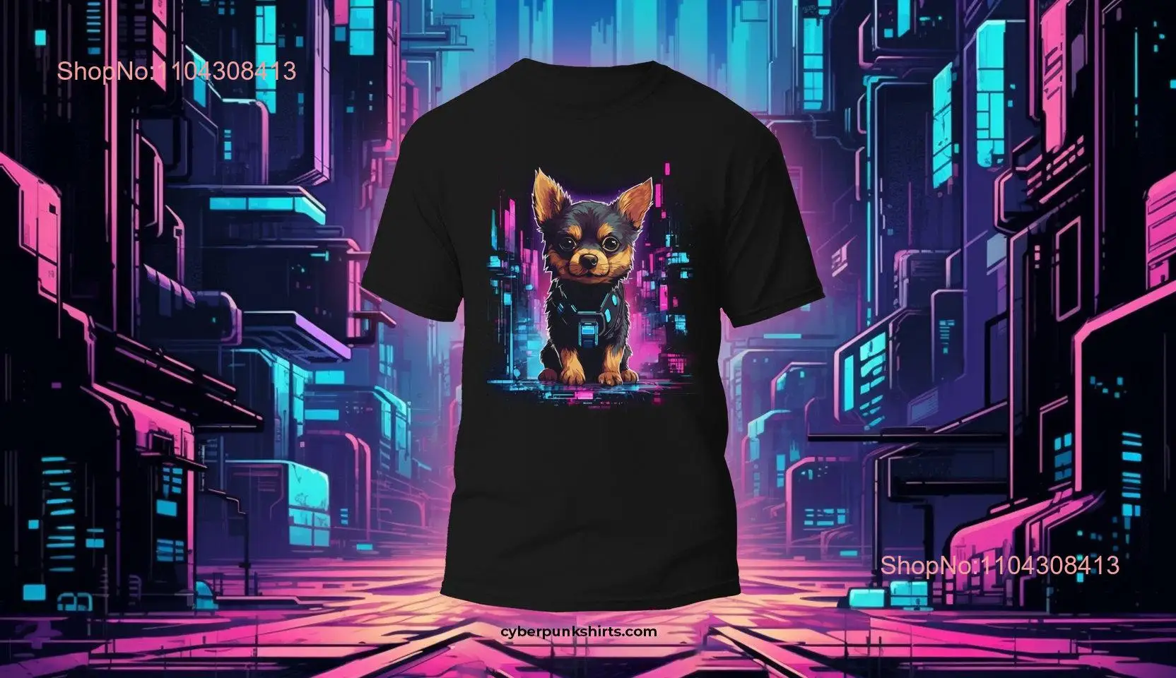 Cyber Dog Synthwave T shirt Futuristic Puppy Anime Gamer Digital Tron Gaming Sci Fi long or short sleeves