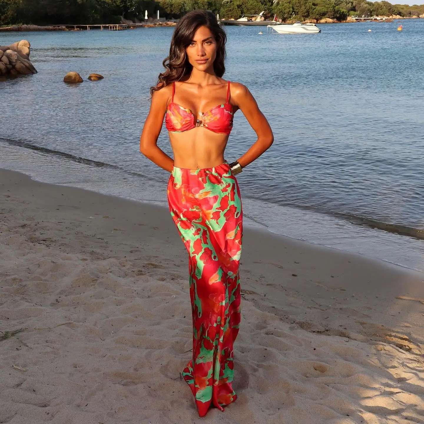 

2025 Bold Red Green Abstract Bikini Set Matching Maxi Skirt Cover-Up Perfect for Beach Wear Summer Getaways Beach Festive Events
