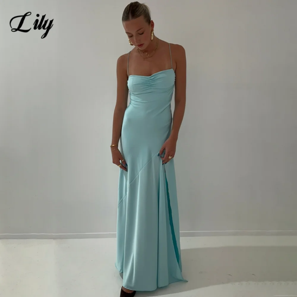 

Lily Blue Elegant Prom Dress Spaghetti Straps Side Split Prom Gown Stain Backless Evening Dresses вечернее платье Customized