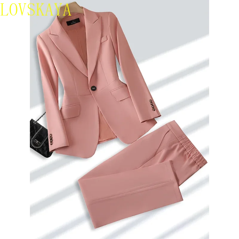 Women Formal Pant Suit Beige Khaki Pink Ladies Blazer Jacket +Trouser Fashion Office Business Work Wear 2 Piece Set